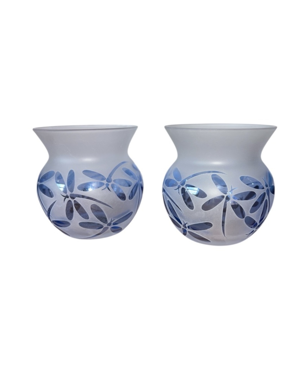 Lenox Blue Frosted Glass Dragonfly Design Vases - Pair